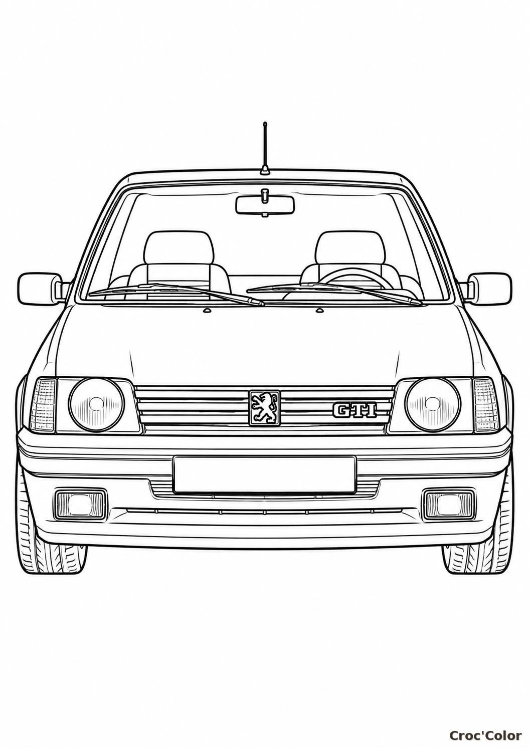 Coloriage Voiture Peugeot 205 GTI - Dessin Auto de Ligne de Face à Imprimer