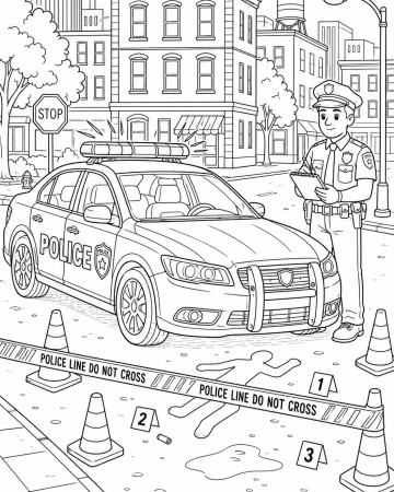 Coloriage voiture de police et scène d’enquête à imprimer gratuitement