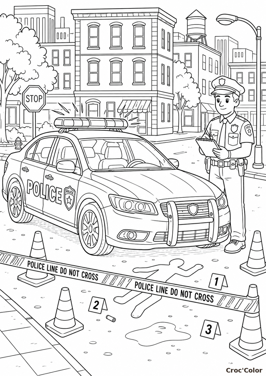 Coloriage voiture de police et scène d’enquête à imprimer gratuitement