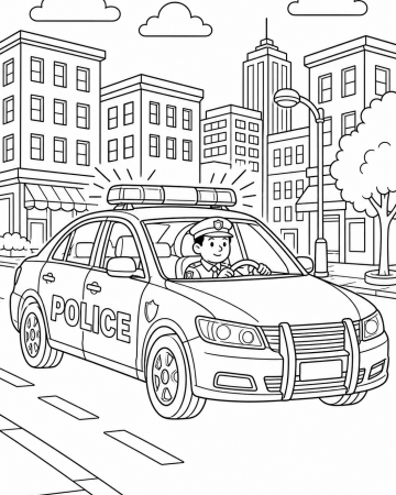 Coloriage Voiture de Police en Patrouille - Dessin Véhicule Ville à Imprimer