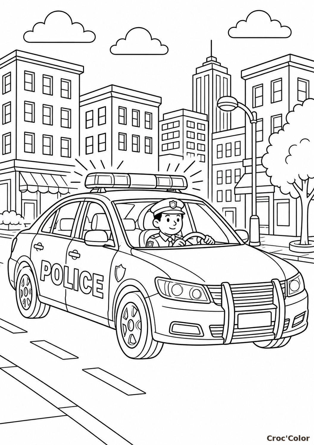 Coloriage Voiture de Police en Patrouille - Dessin Véhicule Ville à Imprimer