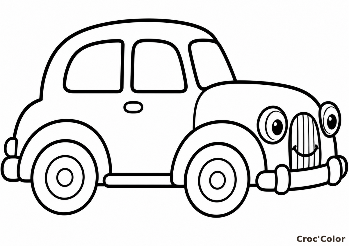Coloriage Voiture Rigolote Facile Maternelle - Dessin Petite Voiture Rigolote, Phares Yeux et Sourire à Imprimer Gratuit