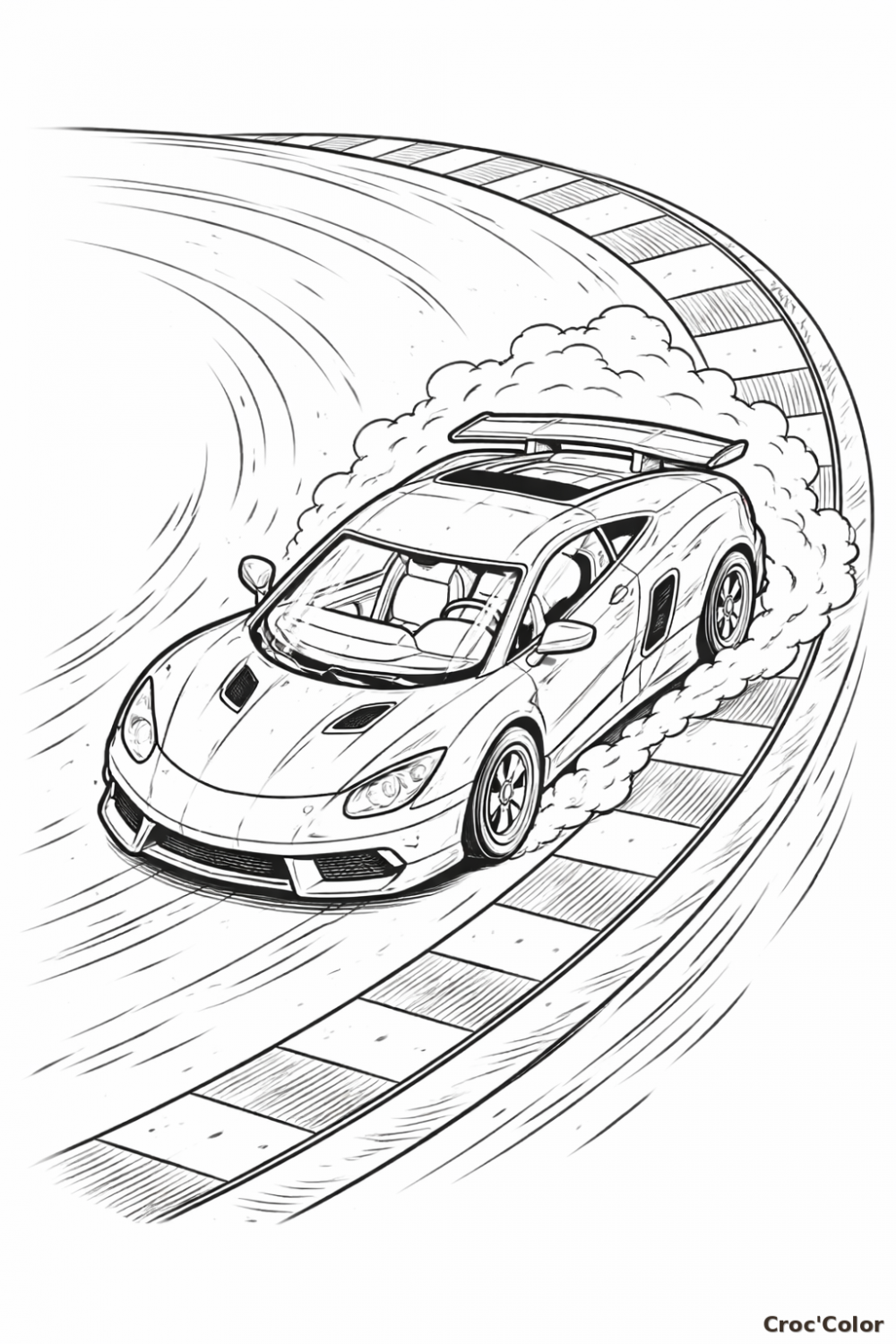 Coloriage Voiture de Sport en Drift - Dessin Supercar sur Circuit à Imprimer Gratuit