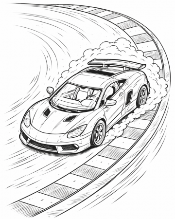 Coloriage Voiture de Sport en Drift - Dessin Supercar sur Circuit à Imprimer Gratuit