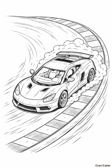 Coloriage Voiture de Sport en Drift - Dessin Supercar sur Circuit à Imprimer Gratuit