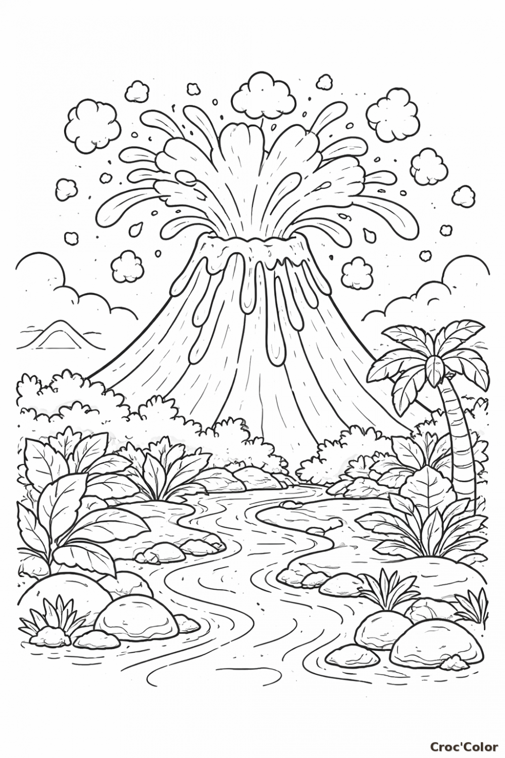 Coloriage Volcan en Éruption et Paysage Tropical - Dessin Nature à Imprimer
