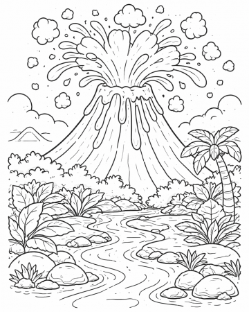 Coloriage Volcan en Éruption et Paysage Tropical - Dessin Nature à Imprimer