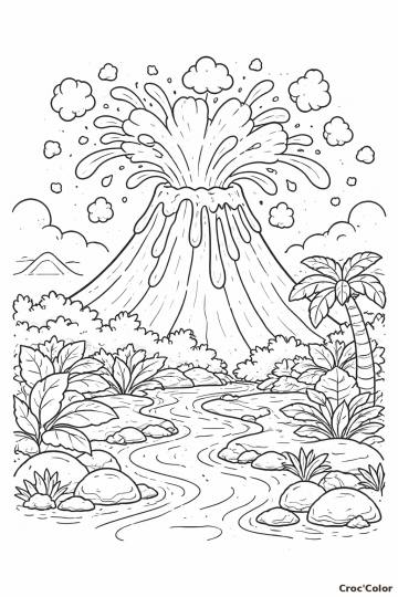 Coloriage Volcan en Éruption et Paysage Tropical - Dessin Nature à Imprimer