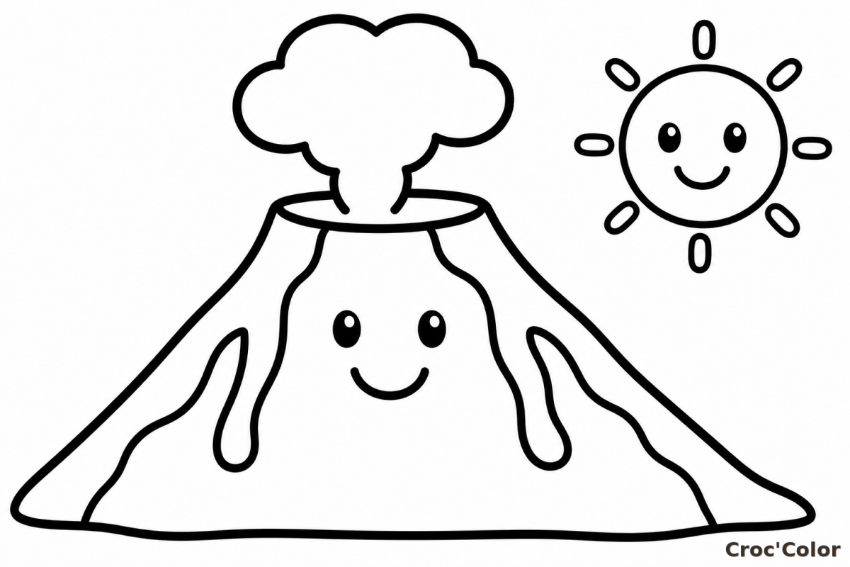 Coloriage Volcan Rigolo Facile Maternelle - Dessin Petit Volcan Souriant et Soleil à Imprimer Gratuit