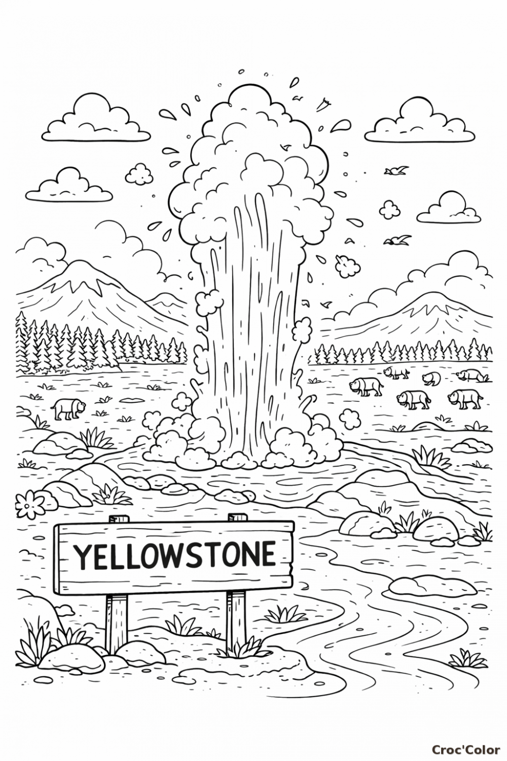 Coloriage Yellowstone Facile - Dessin Geyser et Bisons Parc National à Imprimer Gratuit