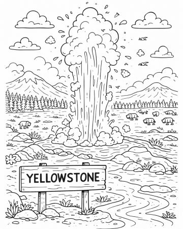 Coloriage Yellowstone Facile - Dessin Geyser et Bisons Parc National à Imprimer Gratuit