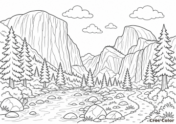 Coloriage Yosemite National Park : Nature Sauvage et Falaises - Dessin à Imprimer