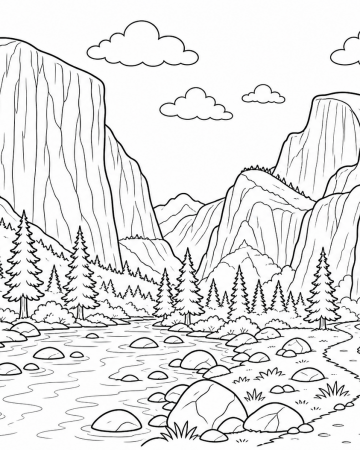 Coloriage Yosemite National Park : Nature Sauvage et Falaises - Dessin à Imprimer